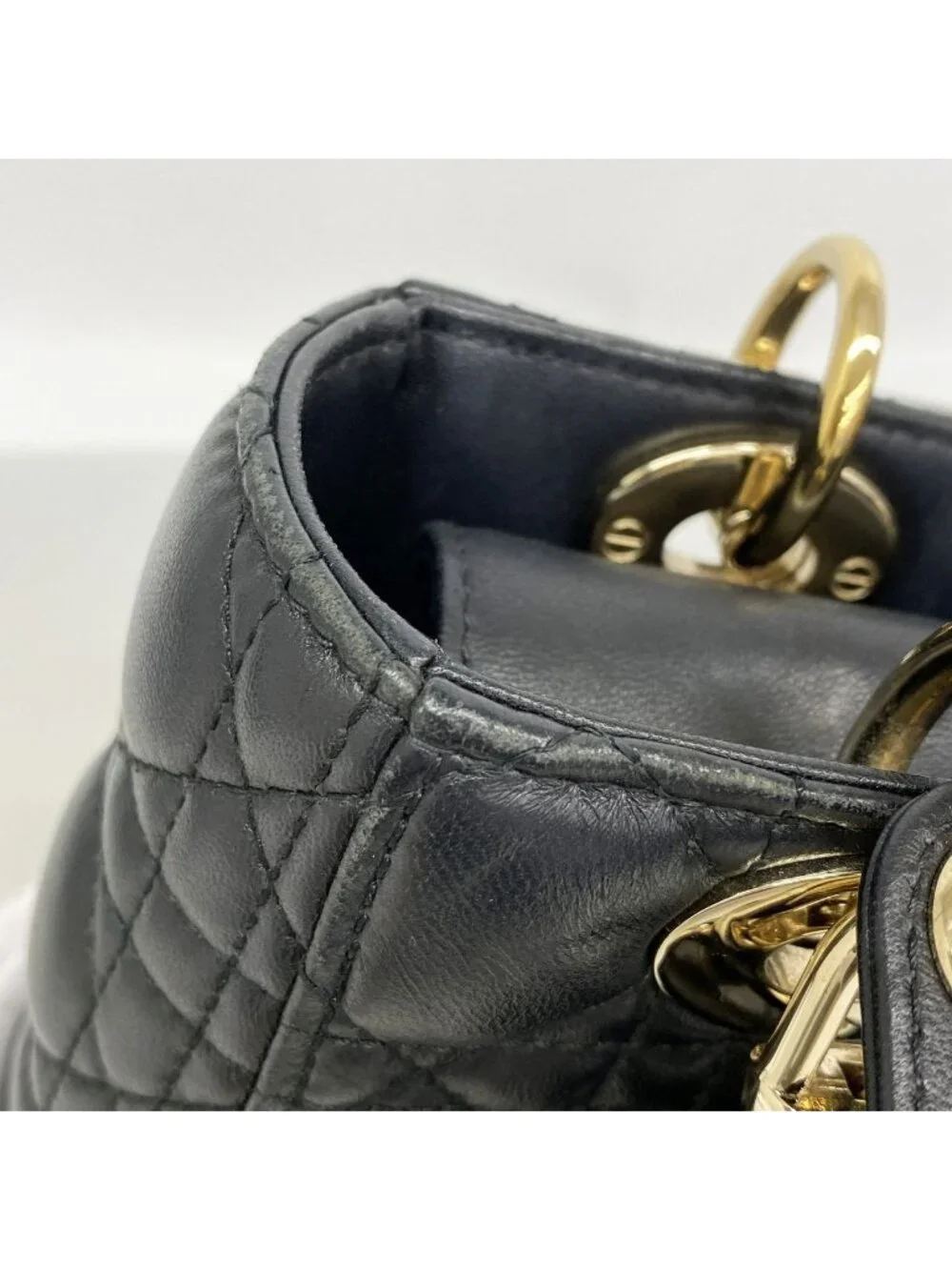 Dior Handbag Cannage Lady Leather Black Champagne Gold 2-Way Bag